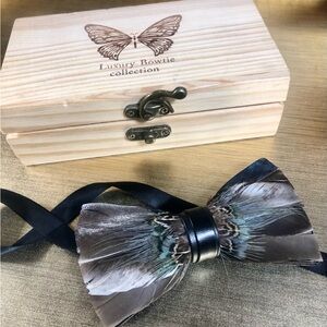Feather Bow Tie with Leather Center - Brown & Black